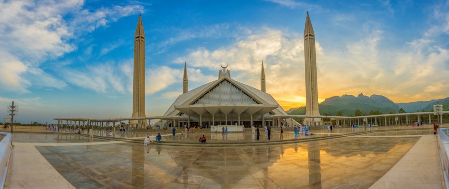 Faisal Mosque at the foot of the Margalla Hills in Islamabad